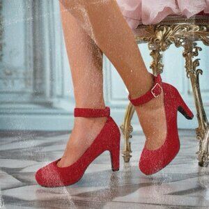 Red Velvet Ankle Strap High Heels with Gold Buckle